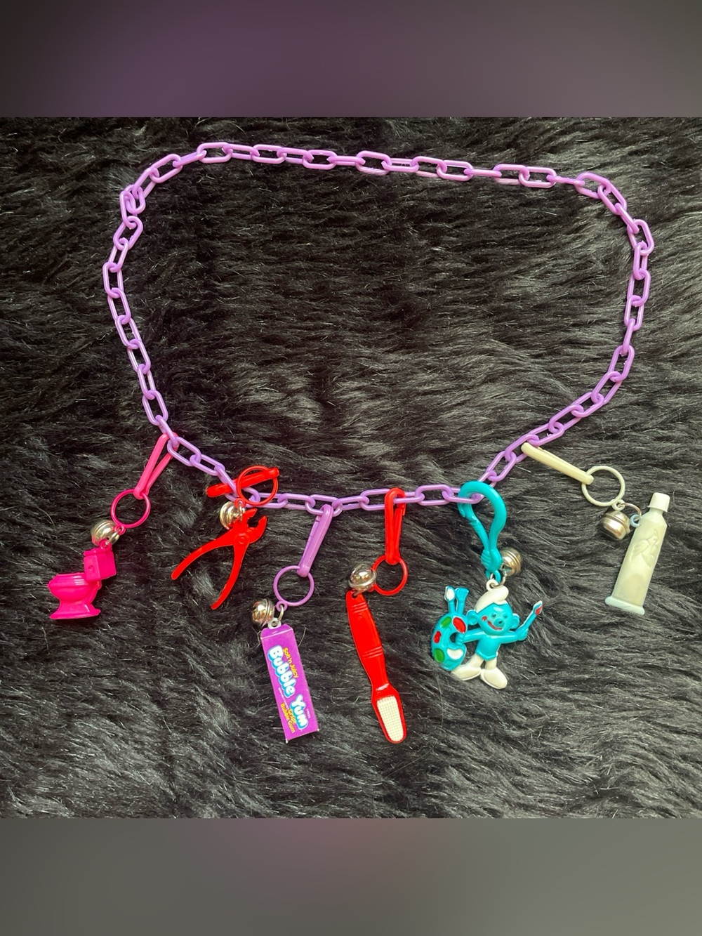 80s bell charm necklace vintage retro Smurf dental plastic clasp